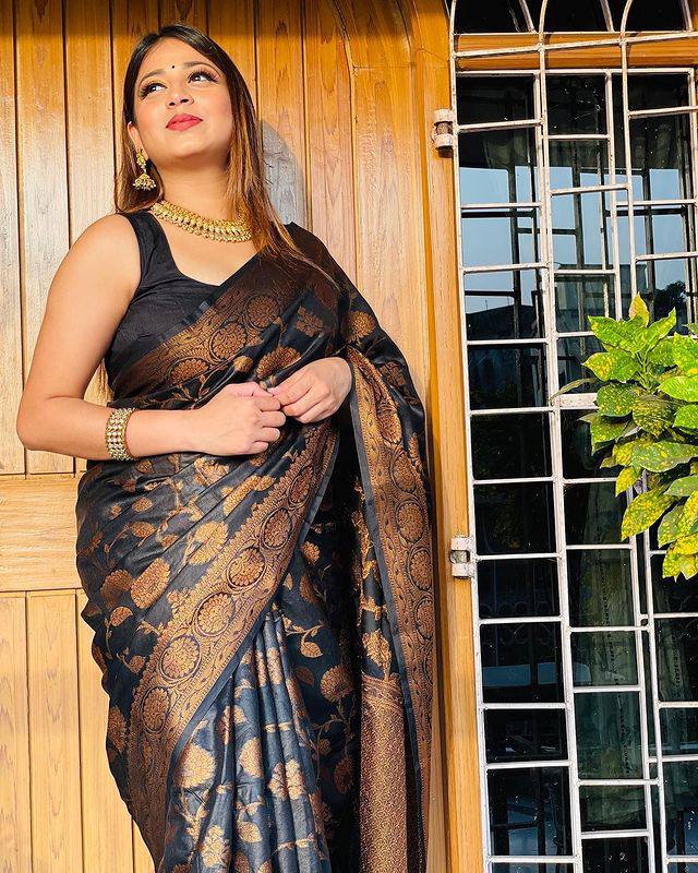 Girlish Black Soft Banarsi Silk Saree With Designer Blouse Piece ClothsVilla