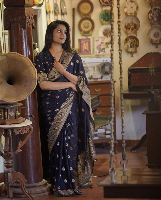 Fragrant Navy Blue Soft Silk Saree With Glittering Blouse Piece ClothsVilla Main image