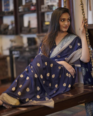 Fragrant Navy Blue Soft Silk Saree With Glittering Blouse Piece ClothsVilla