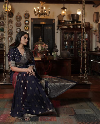 Fragrant Navy Blue Soft Silk Saree With Glittering Blouse Piece ClothsVilla