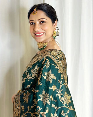 Vestigial Dark Green Soft Banarasi Silk Saree With Felicitous Blouse Piece ClothsVilla