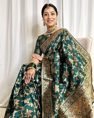Vestigial Dark Green Soft Banarasi Silk Saree With Felicitous Blouse Piece ClothsVilla