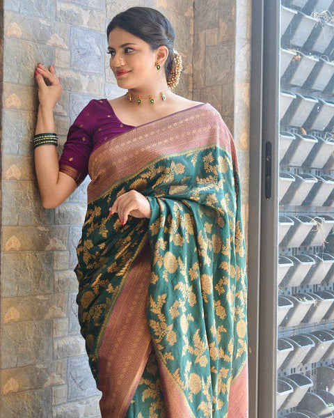 Appealing Rama Soft Silk Saree With Deserving Blouse Piece ClothsVilla Main image