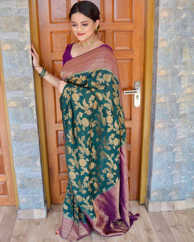 Appealing Rama Soft Silk Saree With Deserving Blouse Piece ClothsVilla