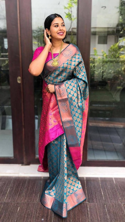 Gleaming Rama Soft Banarasi Silk Saree With Dazzling Blouse Piece ClothsVilla Main image