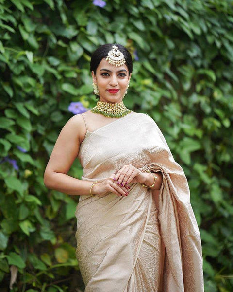 Classy Beige Soft Banarasi Silk Saree With Scrumptious Blouse Piece ClothsVilla Main image