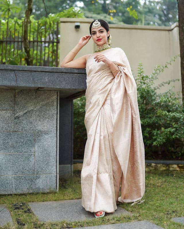 Classy Beige Soft Banarasi Silk Saree With Scrumptious Blouse Piece ClothsVilla