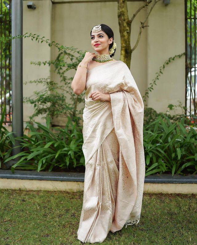 Classy Beige Soft Banarasi Silk Saree With Scrumptious Blouse Piece ClothsVilla