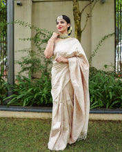 Load image into Gallery viewer, Classy Beige Soft Banarasi Silk Saree With Scrumptious Blouse Piece ClothsVilla
