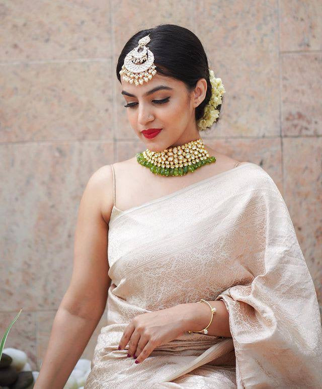 Classy Beige Soft Banarasi Silk Saree With Scrumptious Blouse Piece ClothsVilla