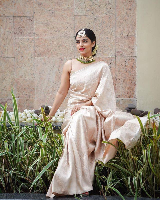 Classy Beige Soft Banarasi Silk Saree With Scrumptious Blouse Piece ClothsVilla