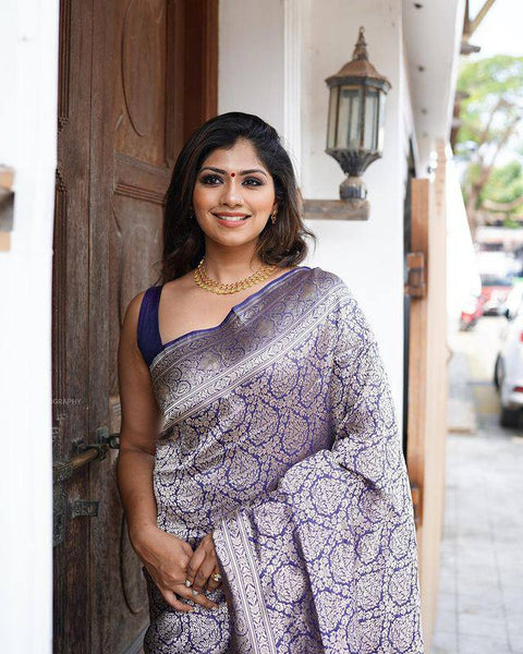 Precious Blue Soft Banarasi Silk Saree With Unequalled Blouse Piece ClothsVilla Main image