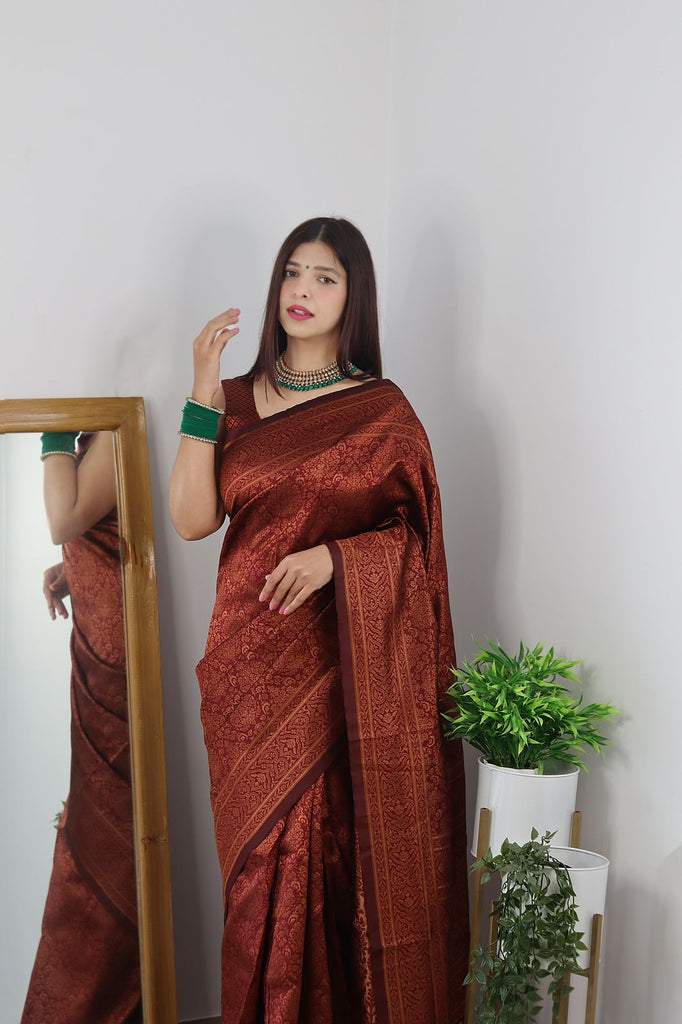 Buy Elegant Maroon Banarasi Weaving Soft Silk Saree With BELT And Blouse  Piece Online In India At Discounted Prices