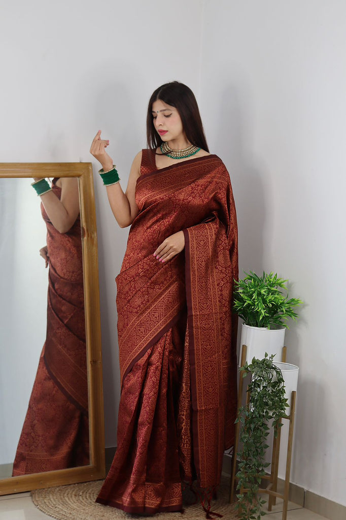 Classy Maroon Soft Banarasi Silk Saree With Trendy Blouse Piece ClothsVilla