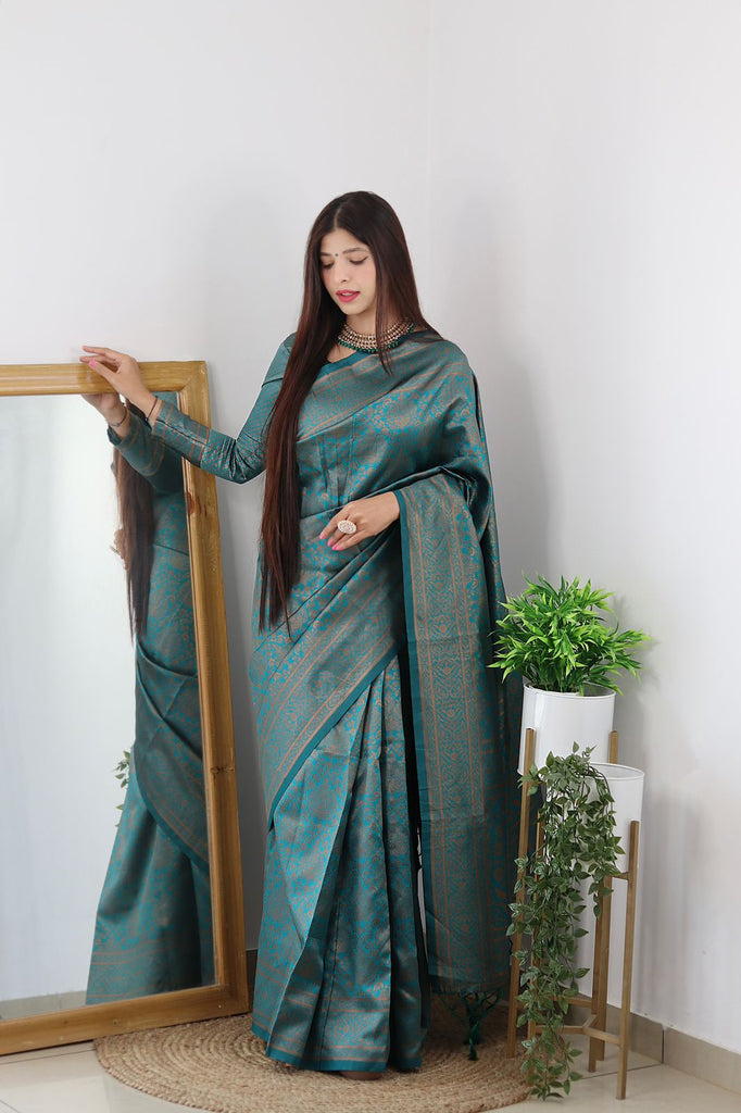 Demanding Rama Soft Banarasi Silk Saree With Lovely Blouse Piece ClothsVilla