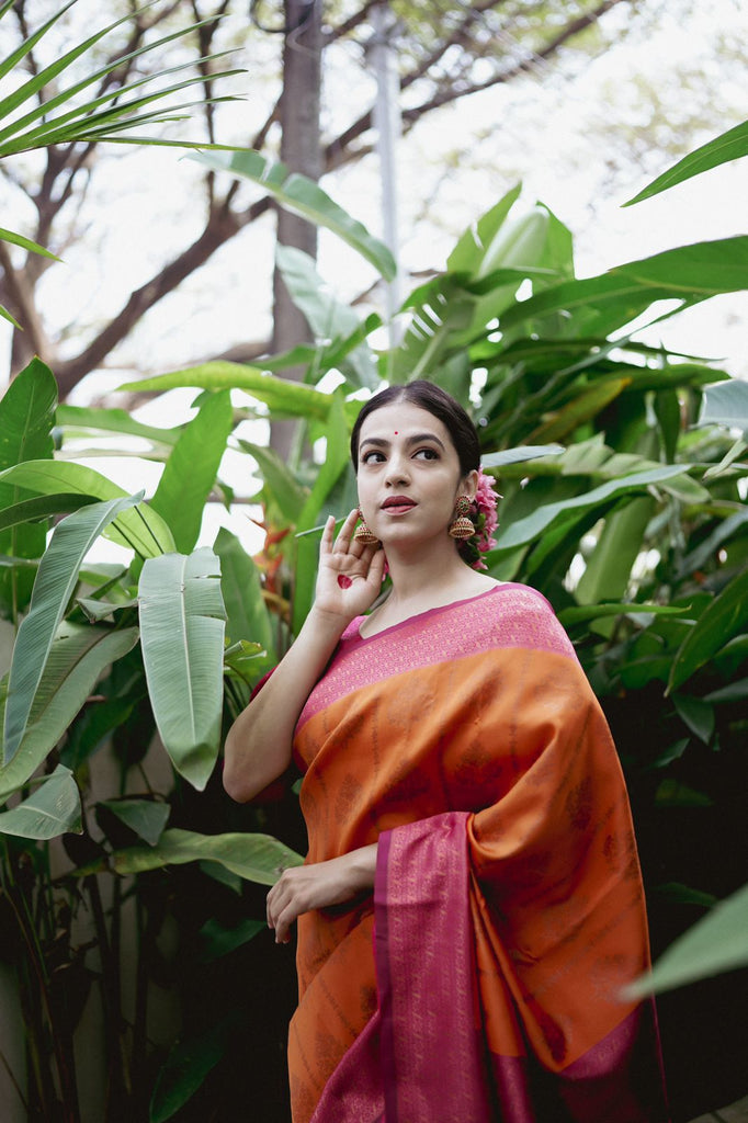 Divine Orange Soft Banarasi Silk Saree With Stunner Blouse Piece ClothsVilla