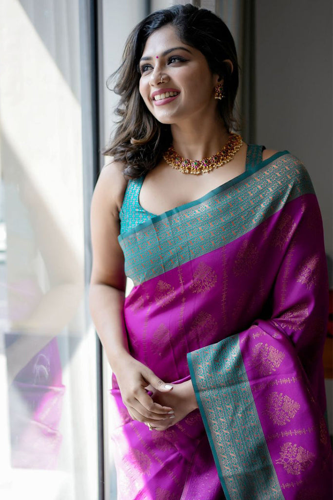 Conflate Purple Soft Banarasi Silk Saree With Stunner Blouse Piece ClothsVilla