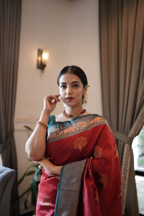 Dalliance Maroon Soft Banarasi Silk Saree With Moiety Blouse Piece ClothsVilla Main image