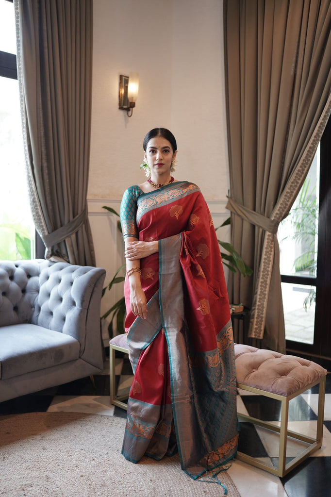 Dalliance Maroon Soft Banarasi Silk Saree With Moiety Blouse Piece ClothsVilla
