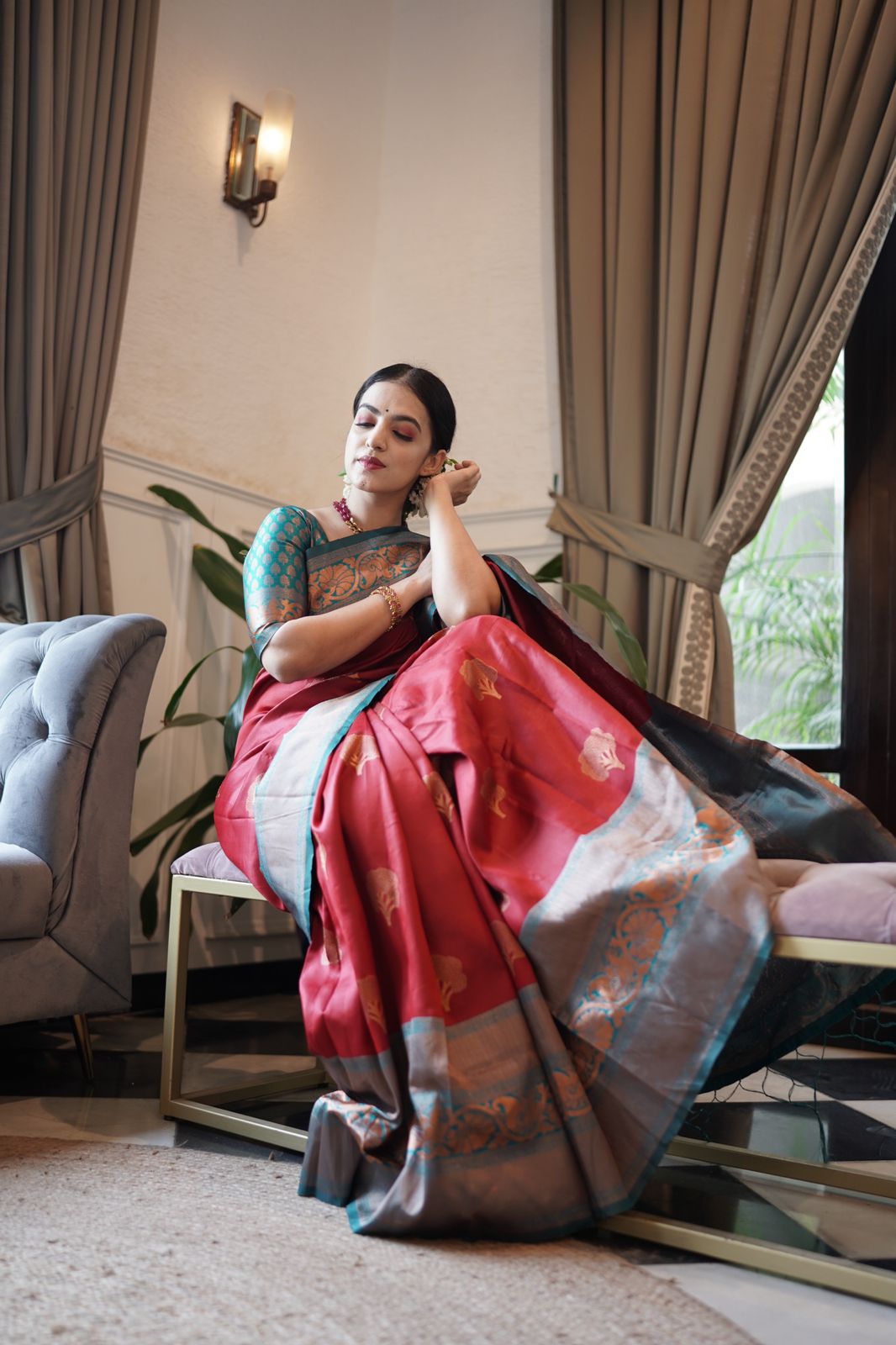 Dalliance Maroon Soft Banarasi Silk Saree With Moiety Blouse Piece ClothsVilla