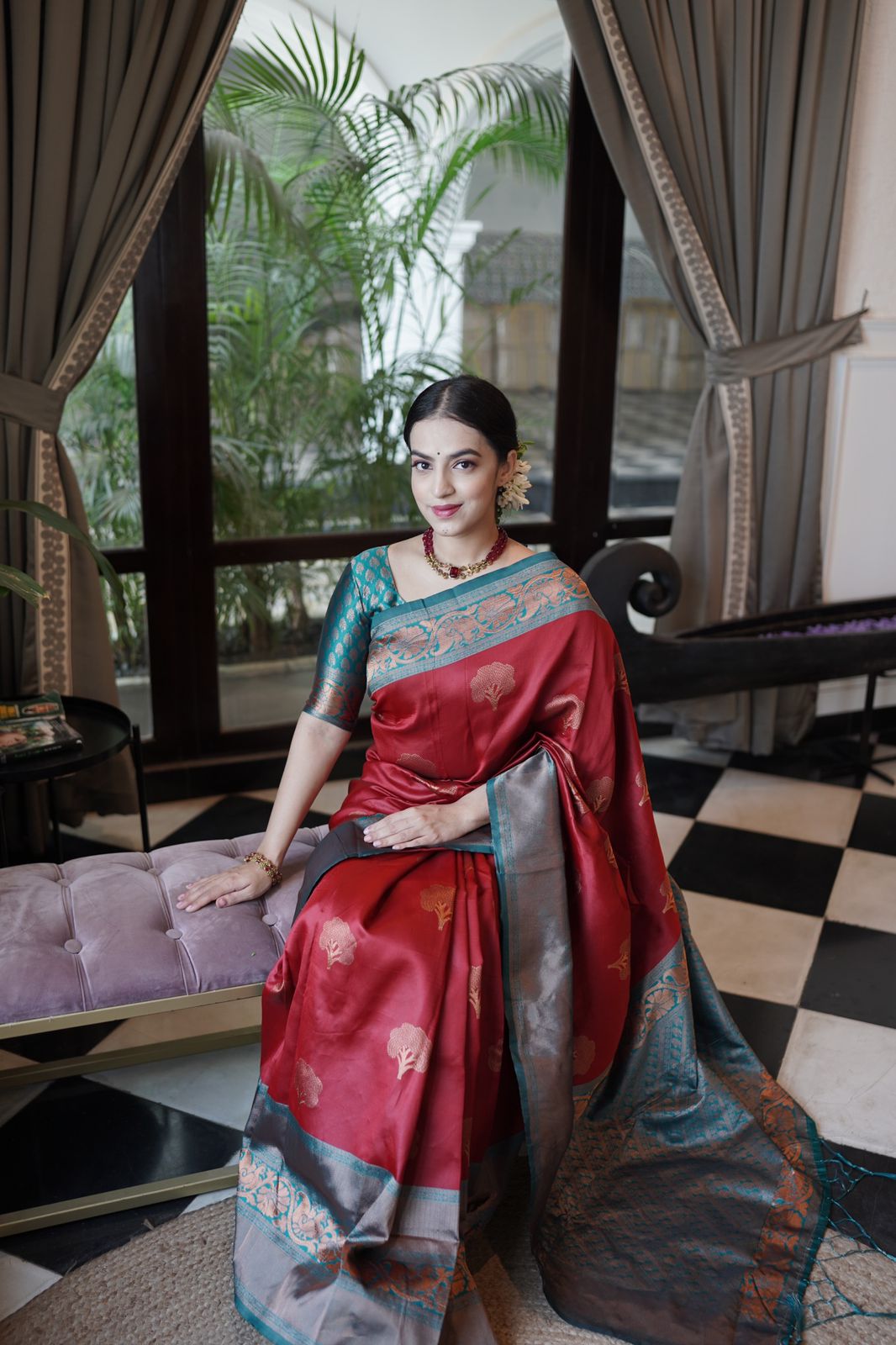 Dalliance Maroon Soft Banarasi Silk Saree With Moiety Blouse Piece ClothsVilla