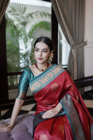 Dalliance Maroon Soft Banarasi Silk Saree With Moiety Blouse Piece ClothsVilla