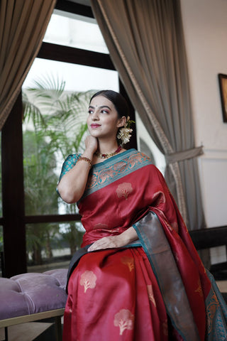 Dalliance Maroon Soft Banarasi Silk Saree With Moiety Blouse Piece ClothsVilla