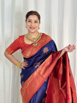 Panoply Navy Blue Soft Banarasi Silk Saree With Moiety Blouse Piece ClothsVilla