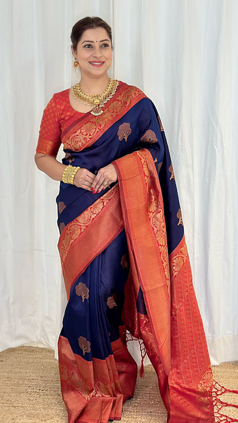 Panoply Navy Blue Soft Banarasi Silk Saree With Moiety Blouse Piece ClothsVilla Main image
