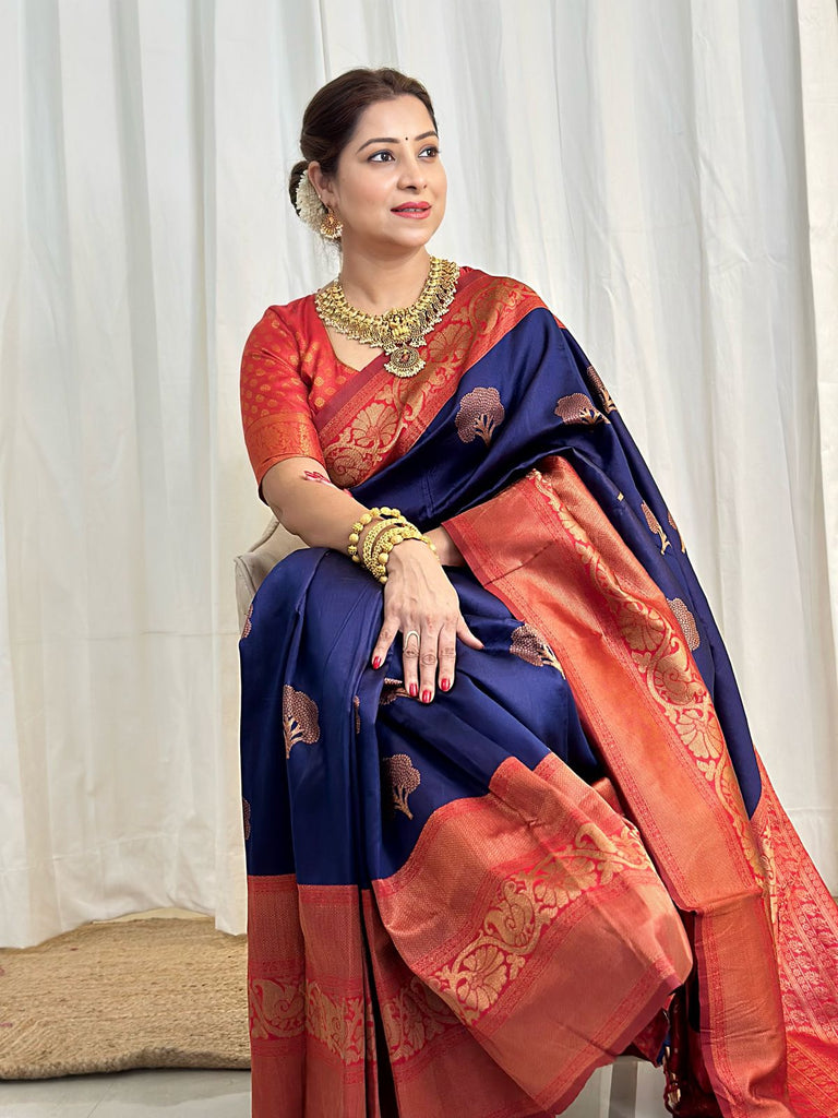 Panoply Navy Blue Soft Banarasi Silk Saree With Moiety Blouse Piece ClothsVilla