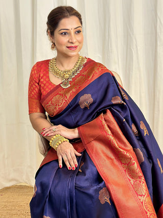 Panoply Navy Blue Soft Banarasi Silk Saree With Moiety Blouse Piece ClothsVilla