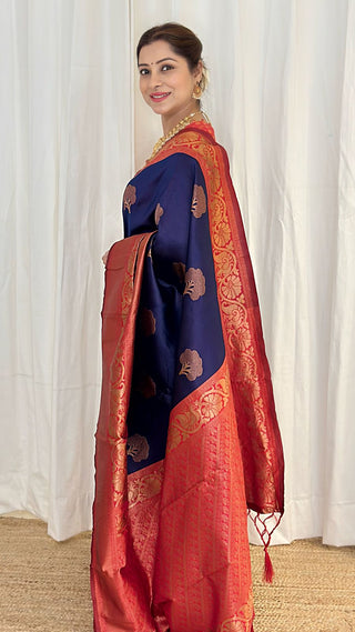 Panoply Navy Blue Soft Banarasi Silk Saree With Moiety Blouse Piece ClothsVilla