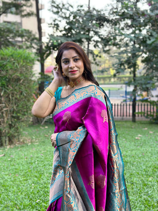 Amiable Purple Soft Banarasi Silk Saree With Moiety Blouse Piece ClothsVilla