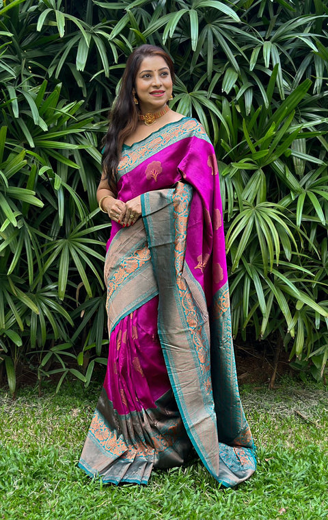 Amiable Purple Soft Banarasi Silk Saree With Moiety Blouse Piece ClothsVilla Main image