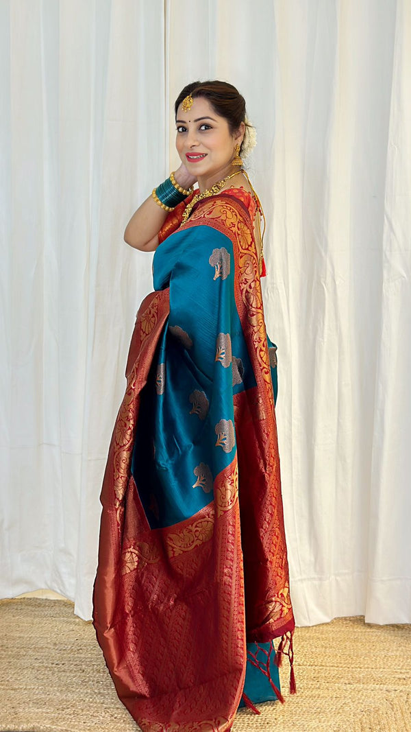 Artistic Rama Soft Banarasi Silk Saree With Moiety Blouse Piece ClothsVilla