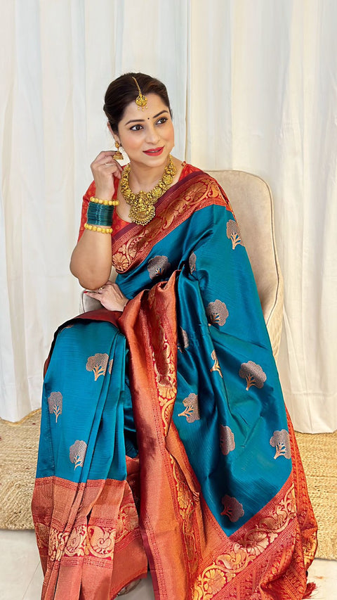 Artistic Rama Soft Banarasi Silk Saree With Moiety Blouse Piece ClothsVilla Main image