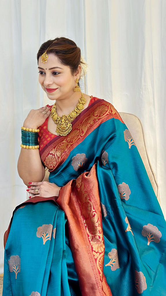 Artistic Rama Soft Banarasi Silk Saree With Moiety Blouse Piece ClothsVilla