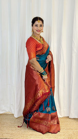 Artistic Rama Soft Banarasi Silk Saree With Moiety Blouse Piece ClothsVilla