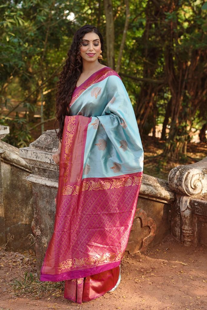 Glowing Sky Soft Banarasi Silk Saree With Girlish Blouse Piece ClothsVilla
