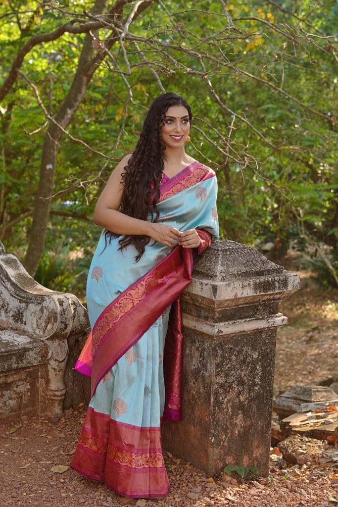 Glowing Sky Soft Banarasi Silk Saree With Girlish Blouse Piece ClothsVilla