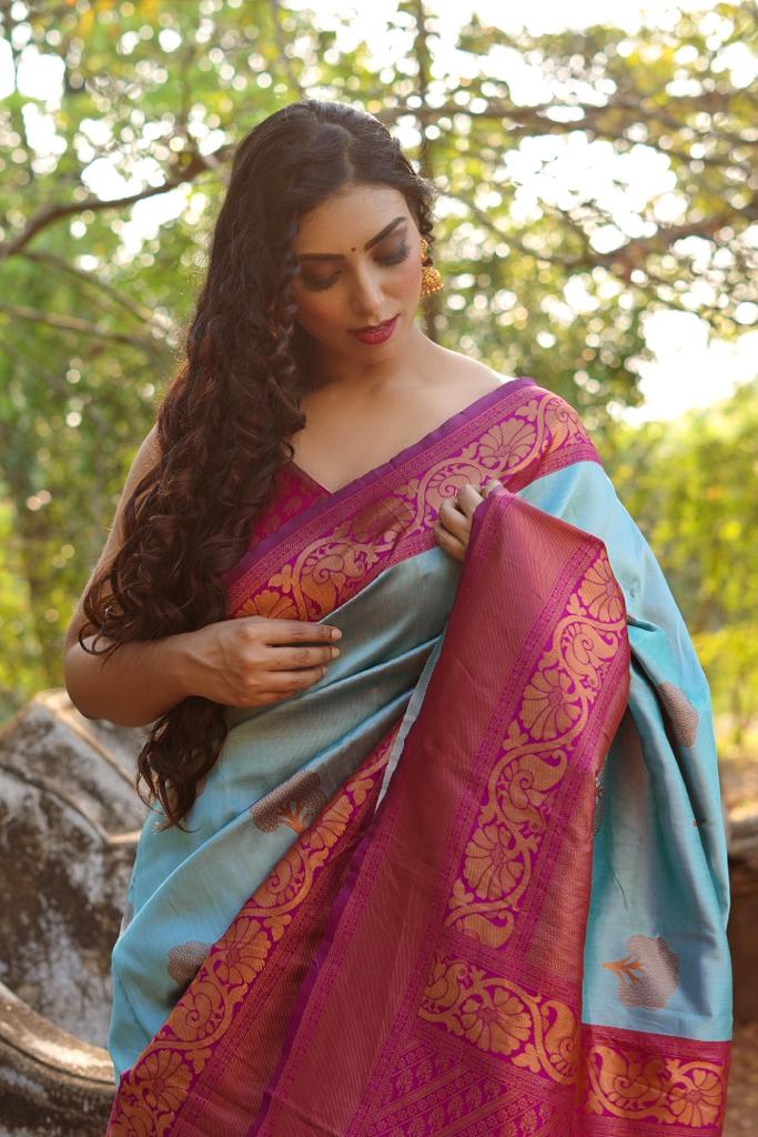 Glowing Sky Soft Banarasi Silk Saree With Girlish Blouse Piece ClothsVilla