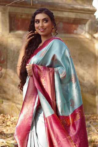 Glowing Sky Soft Banarasi Silk Saree With Girlish Blouse Piece ClothsVilla