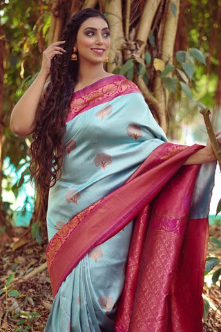 Glowing Sky Soft Banarasi Silk Saree With Girlish Blouse Piece ClothsVilla