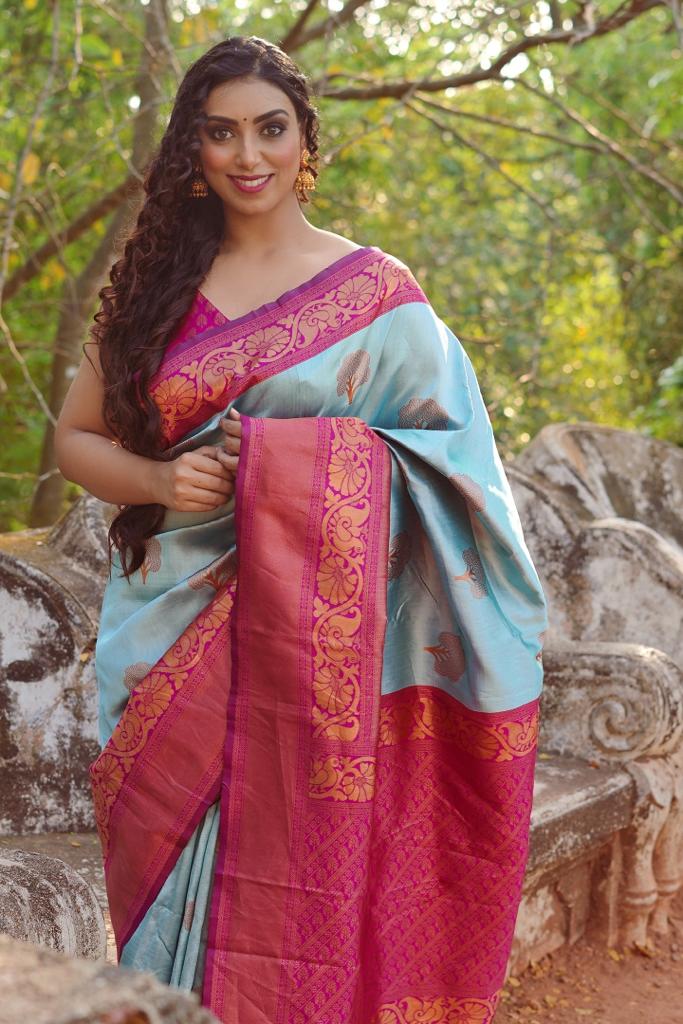 Glowing Sky Soft Banarasi Silk Saree With Girlish Blouse Piece ClothsVilla