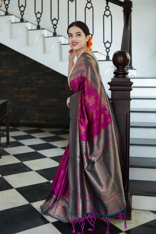 Snappy Purple Soft Banarasi Silk Saree With Magnetic Blouse Piece ClothsVilla