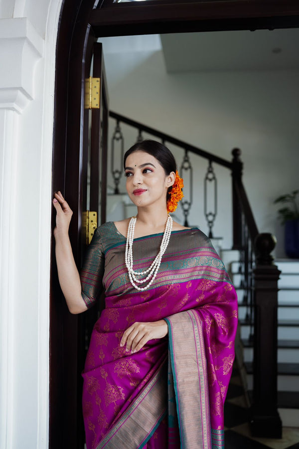 Snappy Purple Soft Banarasi Silk Saree With Magnetic Blouse Piece ClothsVilla