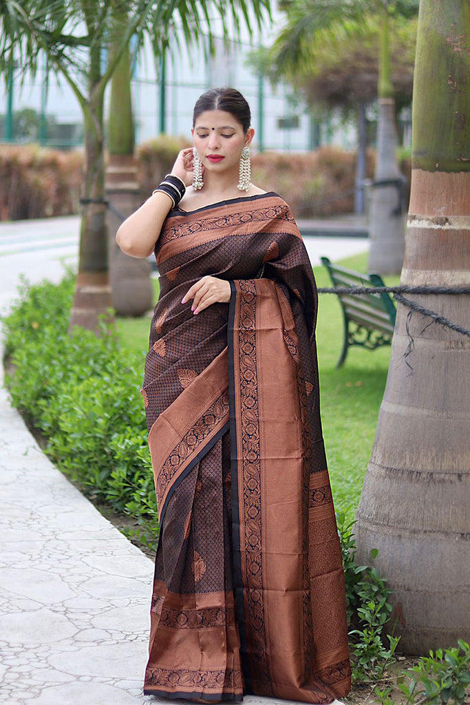Fantabulous Black Soft Banarasi Silk Saree With Energetic Blouse Piece ClothsVilla