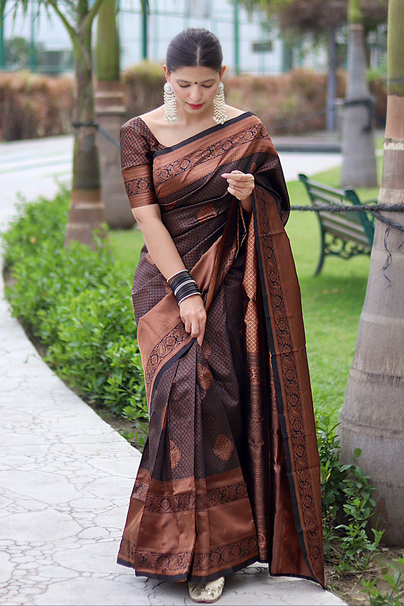 Fantabulous Black Soft Banarasi Silk Saree With Energetic Blouse Piece ClothsVilla