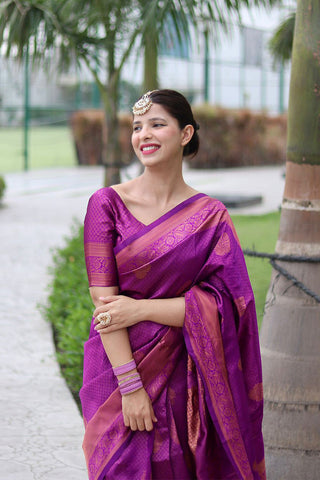 Tremendous Purple Soft Banarasi Silk Saree With Sizzling Blouse Piece ClothsVilla