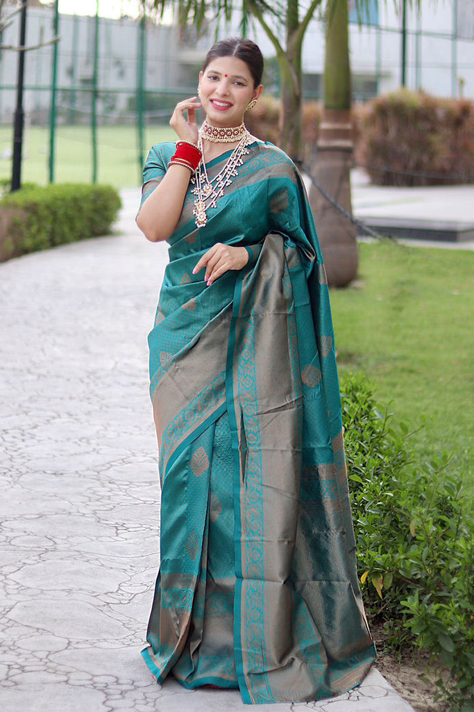 Luxuriant Rama Soft Banarasi Silk Saree With Alluring Blouse Piece ClothsVilla